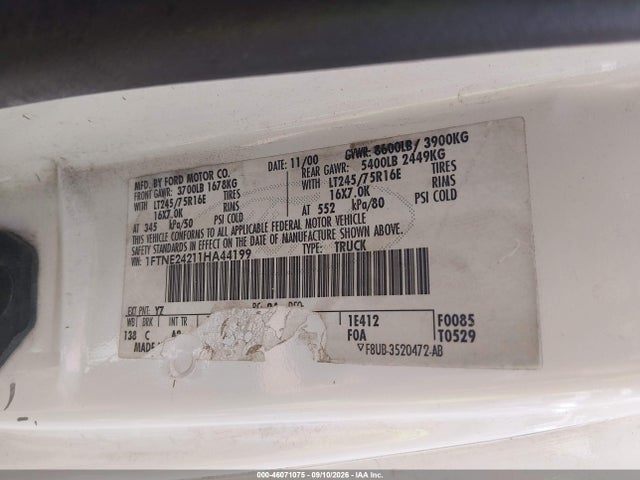 2001 Ford E-250 Commercial მანქანა იყიდება აუქციონზე, vin: 1FTNE24211HA44199, აუქციონის ნომერი: 46071075