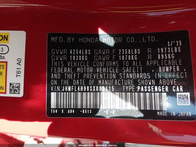 Продажа на аукционе авто 2025 Honda Civic Hybrid Sport Touring, vin: JHMFL4H98SX002115, номер лота: 46071079