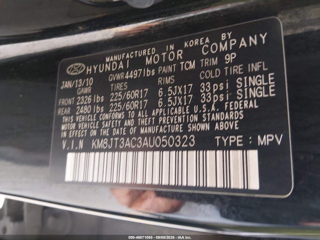 Продажа на аукционе авто 2010 Hyundai Tucson Gls, vin: KM8JT3AC3AU050323, номер лота: 46071080
