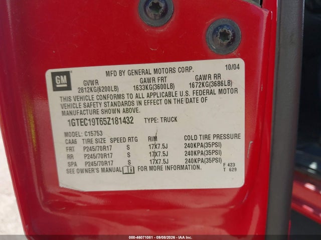Aukcja sprzedaży 2005 Gmc Sierra 1500 Sle, vin: 1GTEC19T65Z181432, numer aukcji: 46071081