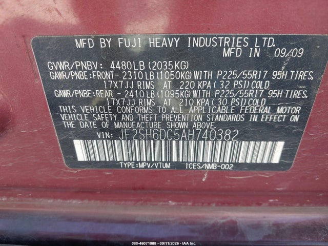 Продаж на аукціоні авто 2010 Subaru Forester 2.5x Limited, vin: JF2SH6DC5AH740382, номер лоту: 46071088