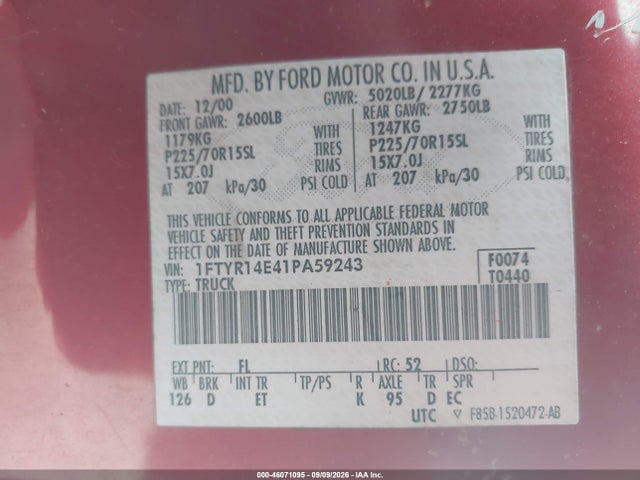 Aukcja sprzedaży 2001 Ford Ranger Edge/xlt, vin: 1FTYR14E41PA59243, numer aukcji: 46071095