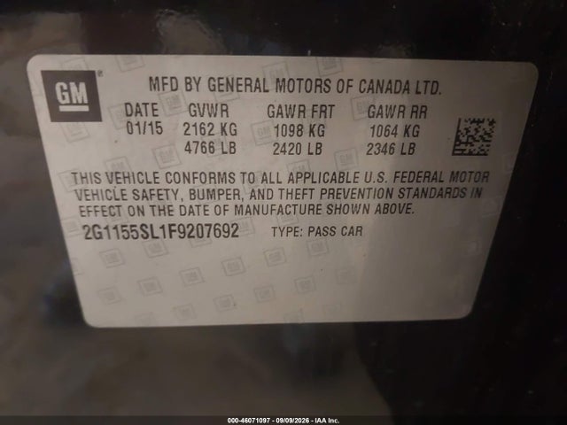 46071097 :رقم المزاد ، 2G1155SL1F9207692 vin ، 2015 Chevrolet Impala 1lz مزاد بيع