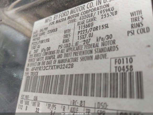 46071102 :رقم المزاد ، 4F4YR12C7XTM32428 vin ، 1999 Mazda B2500 Se/sx/tl مزاد بيع