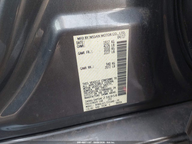 46071107 :رقم المزاد ، 1N4AL3AP5HC236958 vin ، 2017 Nissan Altima 2.5 S مزاد بيع