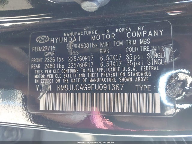 Продажа на аукционе авто 2015 Hyundai Tucson Se, vin: KM8JUCAG9FU091367, номер лота: 46071109
