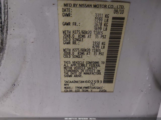 Продаж на аукціоні авто 2011 Nissan Armada Platinum, vin: 5N1AA0NE5BN602593, номер лоту: 46071110