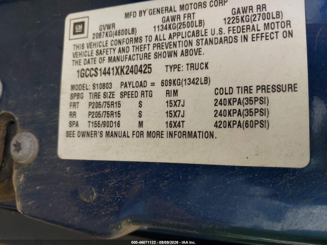 1999 Chevrolet S-10 Ls მანქანა იყიდება აუქციონზე, vin: 1GCCS1441XK240425, აუქციონის ნომერი: 46071122