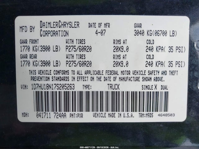 Aukcja sprzedaży 2007 Dodge Ram 1500 St/slt, vin: 1D7HU18N17S205263, numer aukcji: 46071129