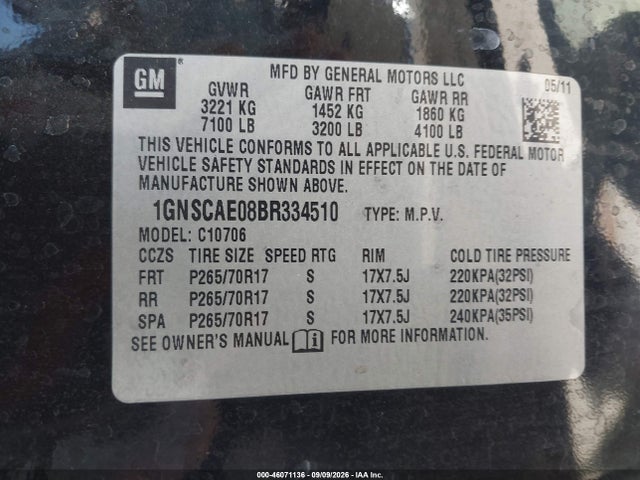 Aukcja sprzedaży 2011 Chevrolet Tahoe Ls, vin: 1GNSCAE08BR334510, numer aukcji: 46071136