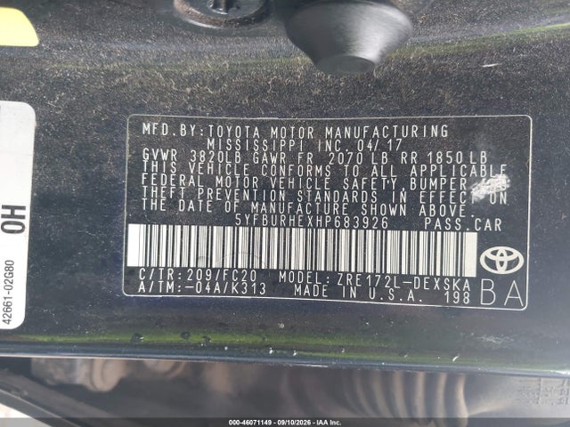 Продаж на аукціоні авто 2017 Toyota Corolla Se, vin: 5YFBURHEXHP683926, номер лоту: 46071149