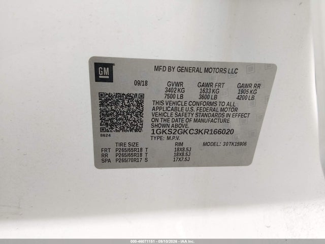 Aukcja sprzedaży 2019 Gmc Yukon Xl Slt, vin: 1GKS2GKC3KR166020, numer aukcji: 46071151