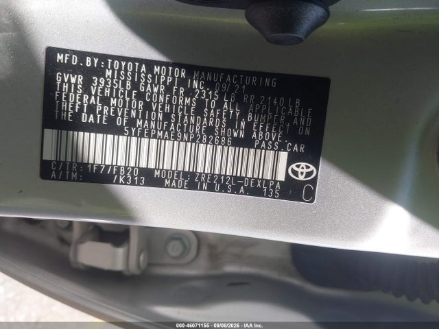 2022 Toyota Corolla Le მანქანა იყიდება აუქციონზე, vin: 5YFEPMAE9NP282686, აუქციონის ნომერი: 46071155