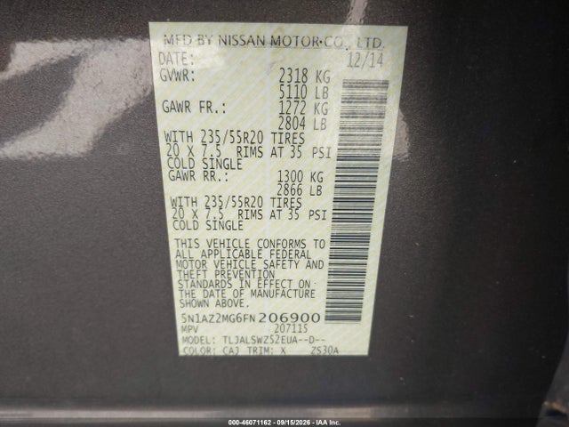 Auction sale of the 2015 Nissan Murano Platinum, vin: 5N1AZ2MG6FN206900, lot number: 46071162