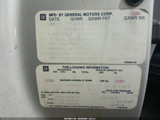 46071165 :رقم المزاد ، 1G4EC13C3LB902140 vin ، 1990 Buick Reatta مزاد بيع