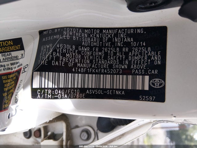 Продажа на аукционе авто 2015 Toyota Camry Le, vin: 4T4BF1FK4FR452073, номер лота: 46071174