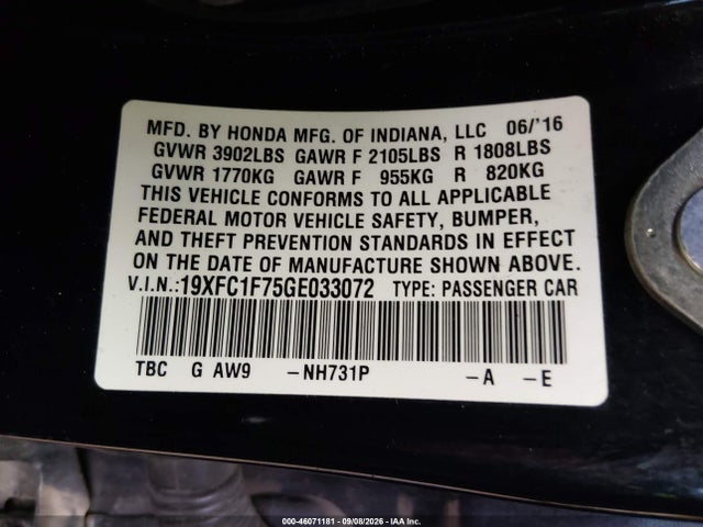 46071181 :رقم المزاد ، 19XFC1F75GE033072 vin ، 2016 Honda Civic Ex-l مزاد بيع
