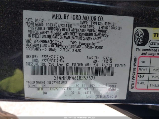 Продажа на аукционе авто 2012 Ford Fusion Se, vin: 3FAHP0HA6CR357527, номер лота: 46071186
