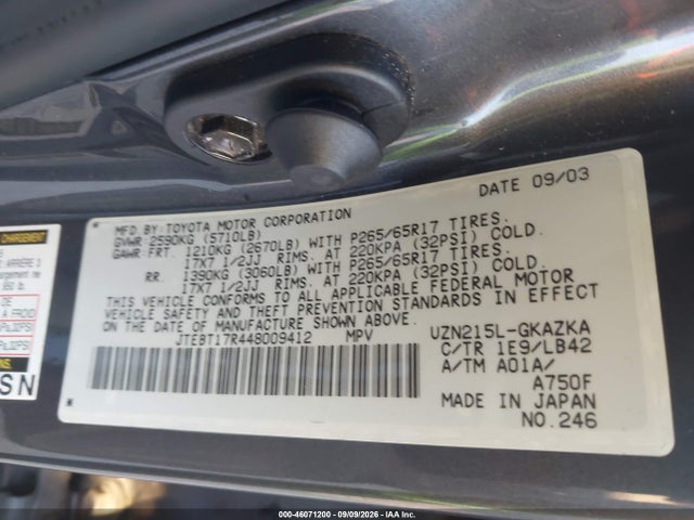 46071200 :رقم المزاد ، JTEBT17R448009412 vin ، 2004 Toyota 4runner Limited V8 مزاد بيع