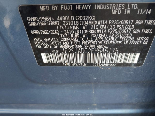 46071209 :رقم المزاد ، JF2SJADC2FH545175 vin ، 2015 Subaru Forester 2.5i Premium مزاد بيع
