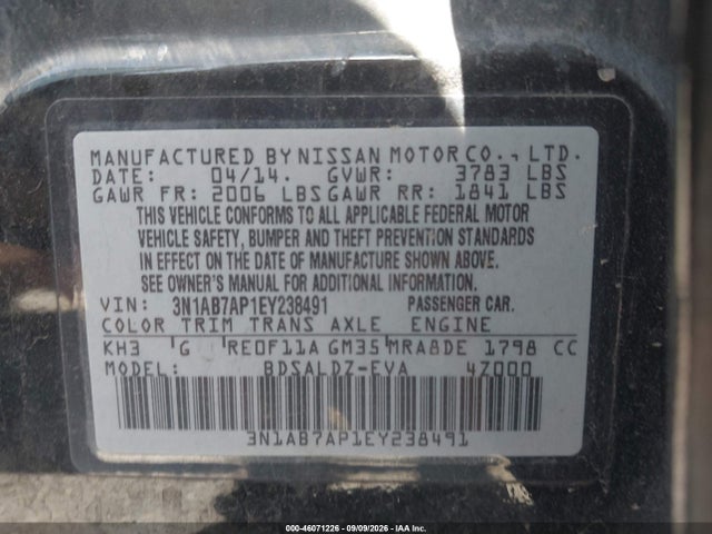 Продажа на аукционе авто 2014 Nissan Sentra Fe+ S/fe+ Sv/s/sl/sr/sv, vin: 3N1AB7AP1EY238491, номер лота: 46071226