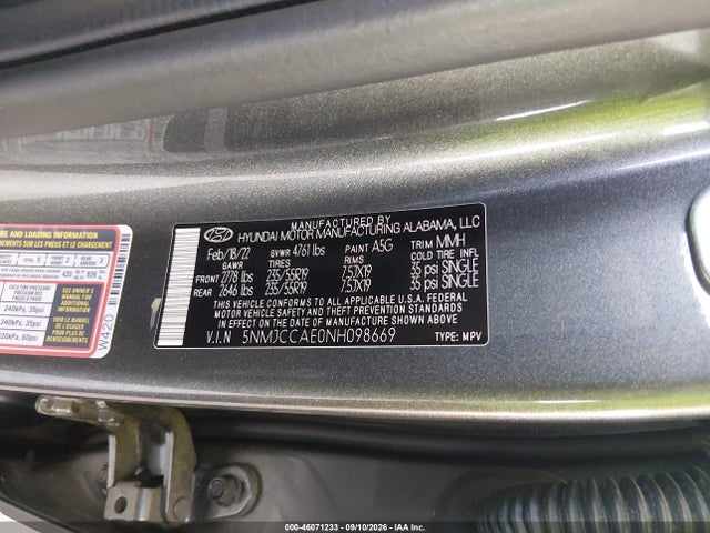 46071233 :رقم المزاد ، 5NMJCCAE0NH098669 vin ، 2022 Hyundai Tucson Sel مزاد بيع
