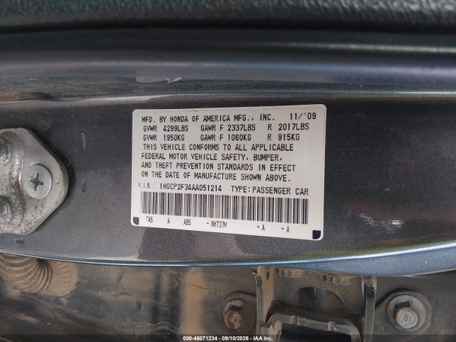 Продажа на аукционе авто 2010 Honda Accord 2.4 Lx, vin: 1HGCP2F34AA051214, номер лота: 46071234