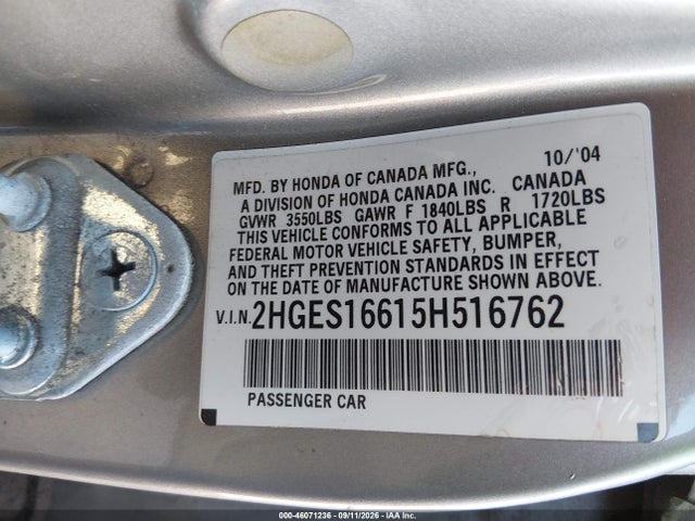2005 Honda Civic Lx მანქანა იყიდება აუქციონზე, vin: 2HGES16615H516762, აუქციონის ნომერი: 46071236