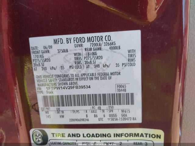 Aukcja sprzedaży 2009 Ford F-150 Fx4/king Ranch/lariat/platinum/xl/xlt, vin: 1FTPW14V29FB39534, numer aukcji: 46071239