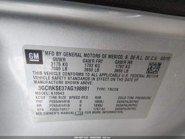46071242 :رقم المزاد ، 3GCRKSE37AG198881 vin ، 2010 Chevrolet Silverado 1500 Lt مزاد بيع