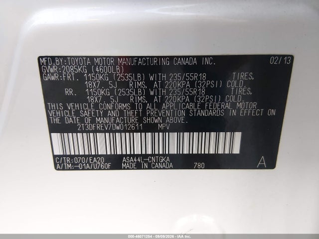 2013 Toyota Rav4 Limited მანქანა იყიდება აუქციონზე, vin: 2T3DFREV7DW012611, აუქციონის ნომერი: 46071254