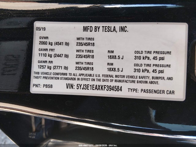 Продаж на аукціоні авто 2019 Tesla Model 3 Long Range/mid Range/standard Range/standard Range Plus, vin: 5YJ3E1EAXKF394584, номер лоту: 46071271