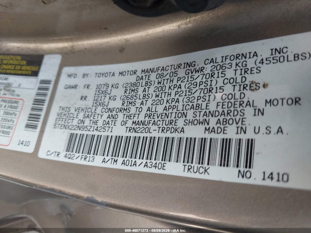 Aukcja sprzedaży 2005 Toyota Tacoma, vin: 5TENX22N95Z142571, numer aukcji: 46071272