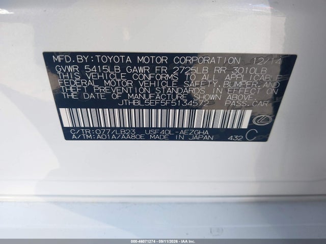 Aukcja sprzedaży 2015 Lexus Ls 460, vin: JTHBL5EF5F5134572, numer aukcji: 46071274