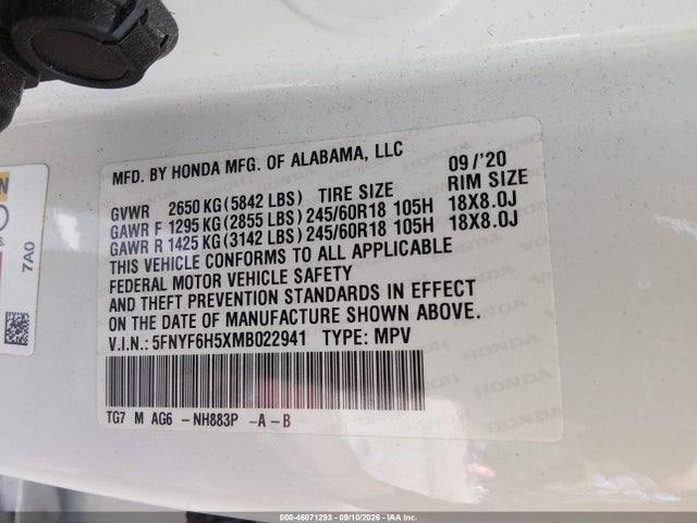 2021 Honda Pilot Awd Ex-l მანქანა იყიდება აუქციონზე, vin: 5FNYF6H5XMB022941, აუქციონის ნომერი: 46071293
