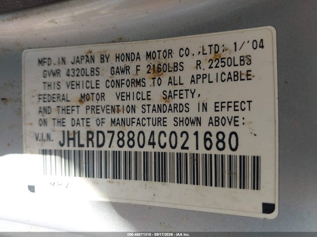 46071310 :رقم المزاد ، JHLRD78804C021680 vin ، 2004 Honda Cr-v Ex مزاد بيع