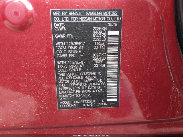 KNMAT2MT6GP692181 Nissan Rogue S/sl/sv