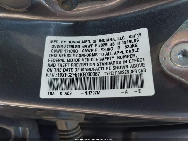 Продажа на аукционе авто 2019 Honda Civic Lx, vin: 19XFC2F61KE030367, номер лота: 46071315