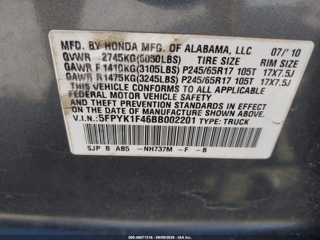 Aukcja sprzedaży 2011 Honda Ridgeline Rts, vin: 5FPYK1F46BB002201, numer aukcji: 46071316