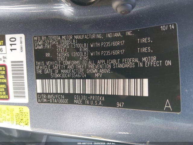 Aukcja sprzedaży 2015 Toyota Sienna Le 8 Passenger, vin: 5TDKK3DC4FS546704, numer aukcji: 46071318