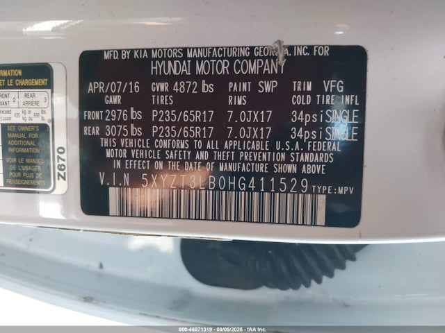 Продаж на аукціоні авто 2017 Hyundai Santa Fe Sport 2.4l, vin: 5XYZT3LB0HG411529, номер лоту: 46071319