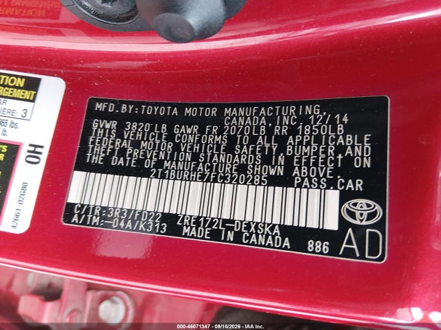 46071347 :رقم المزاد ، 2T1BURHE7FC320285 vin ، 2015 Toyota Corolla S Plus مزاد بيع