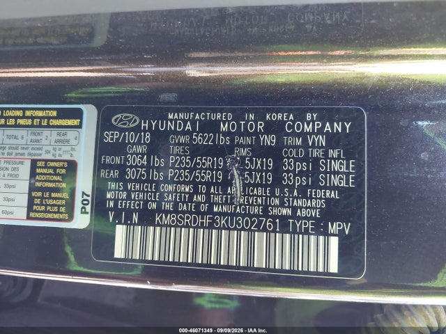 Aukcja sprzedaży 2019 Hyundai Santa Fe Xl Limited Ultimate, vin: KM8SRDHF3KU302761, numer aukcji: 46071349
