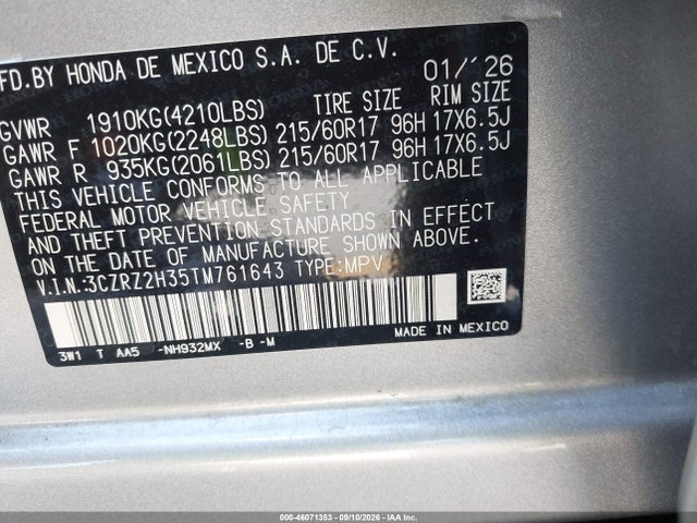 Продаж на аукціоні авто 2026 Honda Hr-v Awd Lx, vin: 3CZRZ2H35TM761643, номер лоту: 46071353
