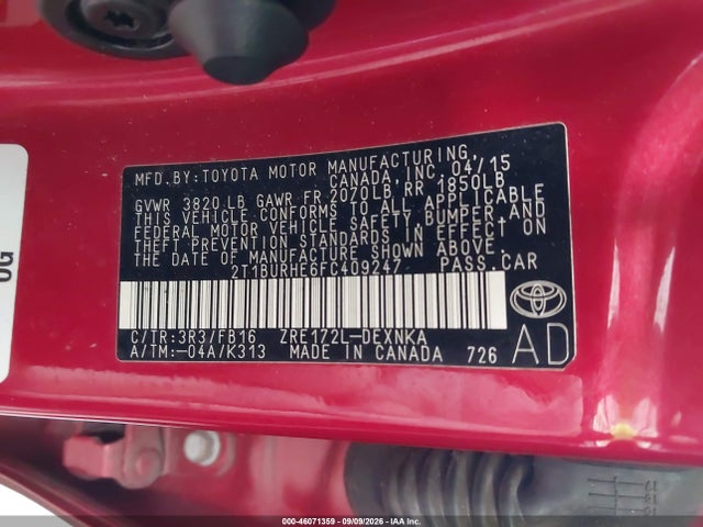 Продажа на аукционе авто 2015 Toyota Corolla Le, vin: 2T1BURHE6FC409247, номер лота: 46071359