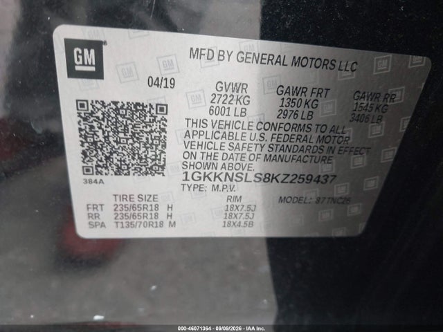 46071364 :رقم المزاد ، 1GKKNSLS8KZ259437 vin ، 2019 Gmc Acadia Sle-2 مزاد بيع