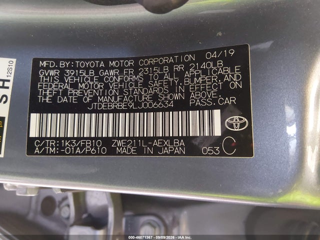 2020 Toyota Corolla Hybrid Le მანქანა იყიდება აუქციონზე, vin: JTDEBRBE9LJ006634, აუქციონის ნომერი: 46071367