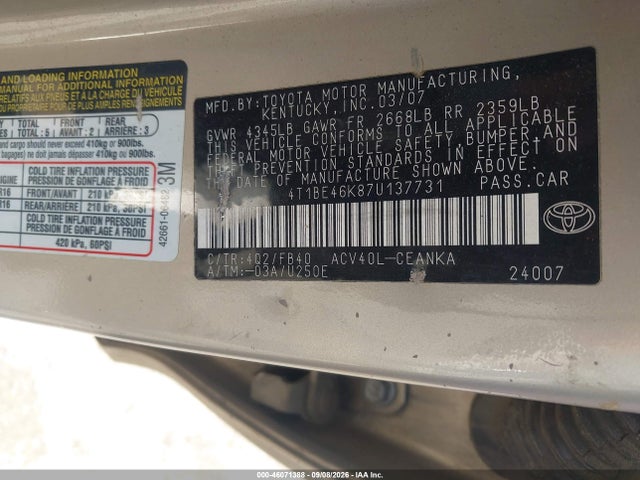 Aukcja sprzedaży 2007 Toyota Camry Le, vin: 4T1BE46K87U137731, numer aukcji: 46071388