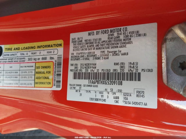 Продажа на аукционе авто 2016 Ford Mustang Ecoboost, vin: 1FA6P8THXG5209108, номер лота: 46071390