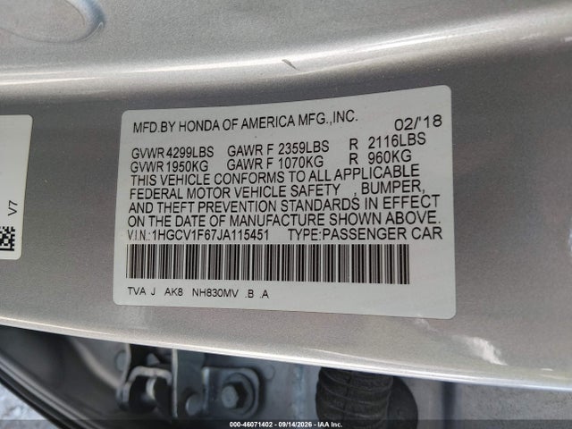 Aukcja sprzedaży 2018 Honda Accord Ex-l, vin: 1HGCV1F67JA115451, numer aukcji: 46071402